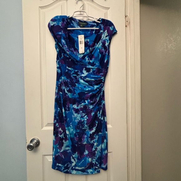 NWT Lauren Ralph Lauren Blue Ruched Wrap Midi Dress - Picture 6 of 7